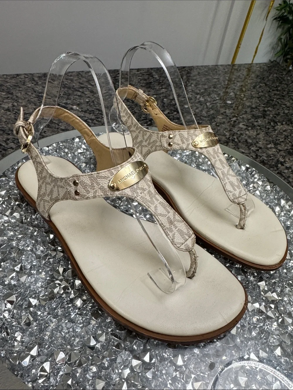 Michael Kors Beige Logo T-Strap Sandals 8